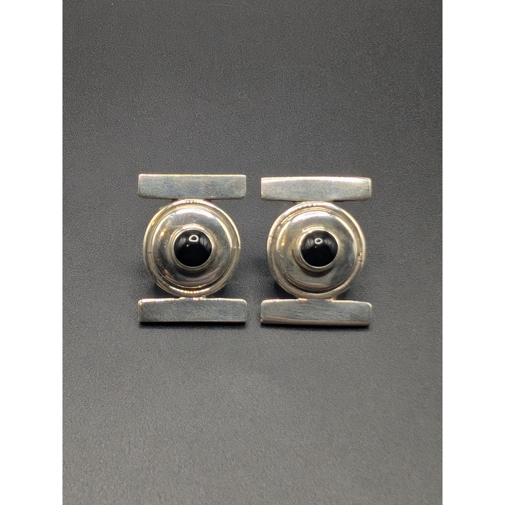 Sterling Silver Black Stone Earrings Modernist Heavy